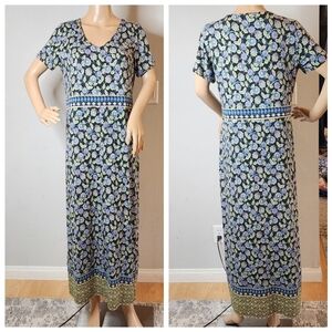 J. Jill Jersey knit short sleeve maxi dress. Black blue purple printed. Size Sm